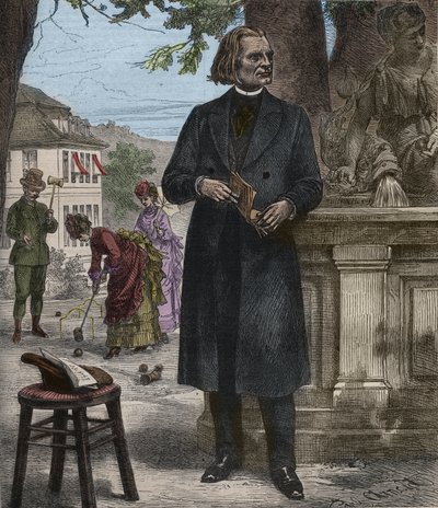 フランツ・リスト（1811-1886）の肖像（フランツ・リスト、ハンガリーの作曲家、ピアニスト、指揮者）著名な週刊紙「ポピュラー・ミュージック」に掲載された彫刻 - 1882年 作： Unknown artist