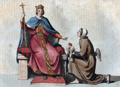 Portrait of Frederick II of Hohenstaufen Holy Roman Emperor with his falconer - Portrait of Frederic II by Hohenstaufen (1194-1250), King of Holy Roman Empire with his falconer - engraving from "Usi e Costumi di Tutti i Popoli dell