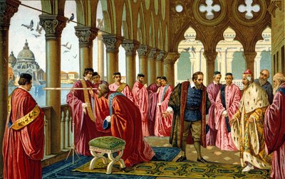 Galileo Galilei dit Galileo (1564 - 1642)の肖像は、ヴェネツィアのドゥカーレ宮殿でドージェに遠景を見せています。 作： Unknown artist