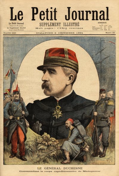 1894年にマダガスカルに派遣され、タナナリヴを占領した軍の司令官、ジャック・シャルル・デュシェンヌ将軍（1837-1918）の肖像。1894年3月12日の「Le petit journal」誌に掲載された版画。セルバのコレクション。 作： Unknown artist