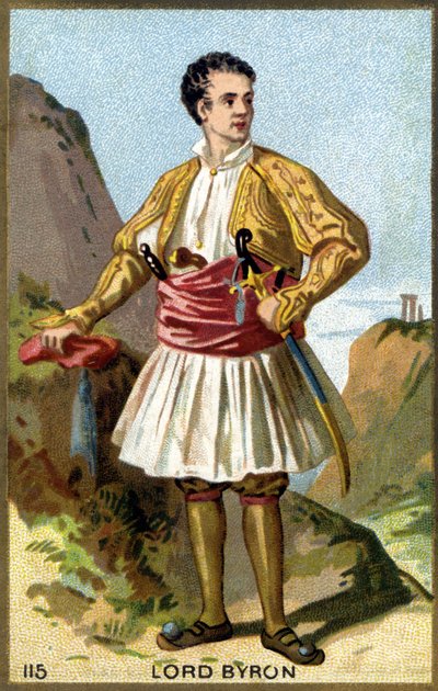 ギリシャ語で着飾った第6男爵バイロン卿ジョージ・ゴードン・ノエル（1788 - 1824）の肖像。19世紀のクロモリトグラフ。 作： Unknown artist