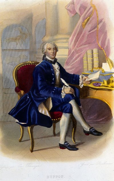 フランスの博物学者・作家であるビュフォン伯爵ジョルジュ・ルイ・ルクレール（1707〜1788）の肖像。"Le Plutarque francais "にて 作： Unknown artist
