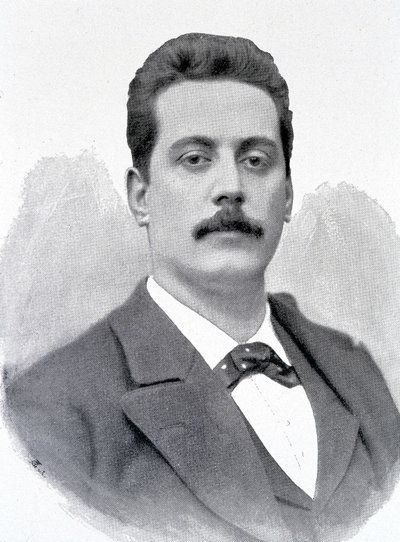 イタリアの作曲家、ジャコモ・プッチーニ（1858-1924）の肖像、19世紀のエングレービング。 作： Unknown artist
