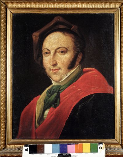 帽子をかぶったジョアッキーノ・ロッシーニ（1792-1868）の肖像。匿名の絵画。Museo bibliografico.ボローニャ 作： Unknown artist