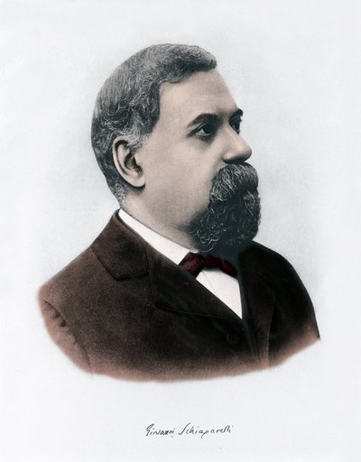 ジョヴァンニ・ヴィルジニオ・スキャパレリ（1835-1910）の肖像画。彼は火星で直方体の形状を観察し、火星の運河（canali）と呼んだ。1900年頃の版画 作： Unknown Artist