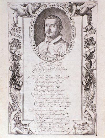Girolamo Frescobaldi (1583-1643) イタリアの作曲家の肖像 Tocrate "の楽譜の表紙からのエングレーヴィング。1637.ボローニャ、市民博物館Museo 作： Unknown artist