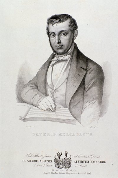 イタリアの作曲家、ジュゼッペ・サヴェリオ・メルカダンテ（1795-1870）の肖像 リトグラフ。19世紀ボローニャ、シヴィコ・ミュゼオ・ミュージック 作： Unknown artist