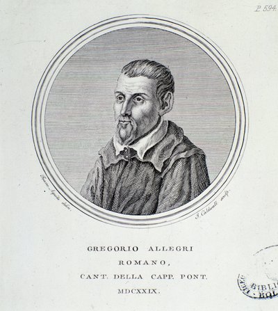 イタリアの作曲家グレゴリオ・アレグリ（1582-1652）の肖像 エングレーヴィング。1629.ボローニャ、市民書誌博物館 作： Unknown artist
