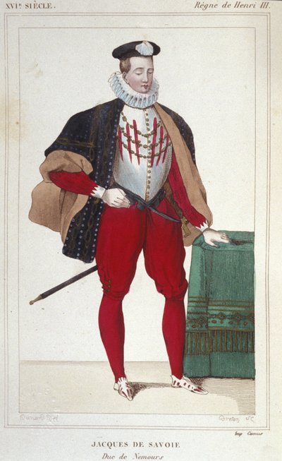 1533年から1585年までジュネーヴ伯爵、ヌムール公爵であったジャック・ド・サヴォワ・ヌムール（1531-1585）の肖像。1830年のエングレーヴィング。 作： Unknown artist