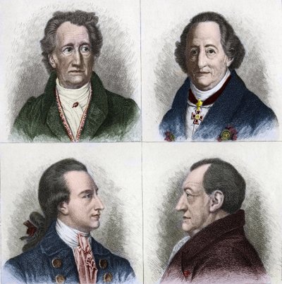 ドイツの作家、ヨハン・ヴォルフガング・ゲーテ（1749 - 1832）のポートレートで、人生の様々な年代が描かれています。19世紀のエングレーヴィング。 作： Unknown artist