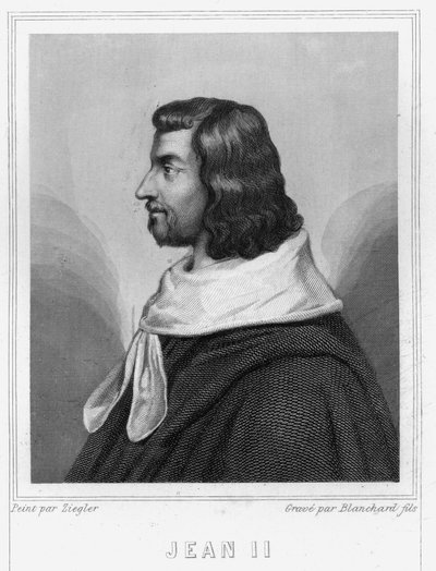フランス王ジョン2世（1319～1364年）の肖像 - ラヴァレの『フランス史』に掲載された彫刻、SD。 作： Unknown artist