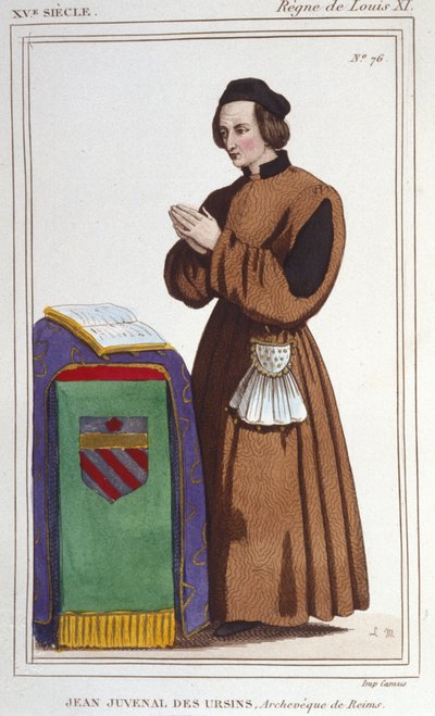 John Juvenal des Ursinsの肖像。本名のJouvenelから。1388年（パリ）に生まれ、1473年（マルヌ県ランス）に85歳で死去。彼は以下のような収入源を得ていた。ボーヴェの司教、ランスの大司教、ラオンの司教、聖職者、Attorn 作： Unknown artist