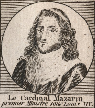 ルイ14世の下で首相を務めたマザラン枢機卿として知られるジュール・マザラン（1602-1661）の肖像 - マザラン枢機卿はルイ14世の主席大臣を務めた - シャルル・コンスタント・ル・テリエの「フランス史に関する指南書」1821年のエングレービング 作： Unknown artist
