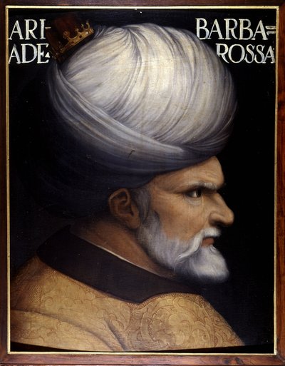 Khayr Al-Din Barberousse (1476 -1546)の肖像。彼は兄とともにアルジェの摂政を築き、オスマン・スルタンの家臣であり、シャルル5世に対するフランスの同盟者でもあった。フィレンツェのウフィツィ美術館。 作： Unknown artist