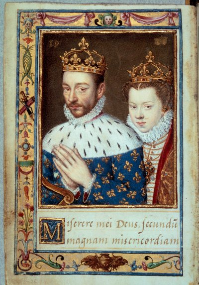 国王シャルル9世（1550-1574）とオーストリア王妃エリザベス（1554-1592）の肖像 フランスの「カトリーヌ・ド・メディシスの時祷書」（カテリーナ・ド・メディチ）の手稿ページ 16世紀 パリ、B.N. 作： Unknown artist