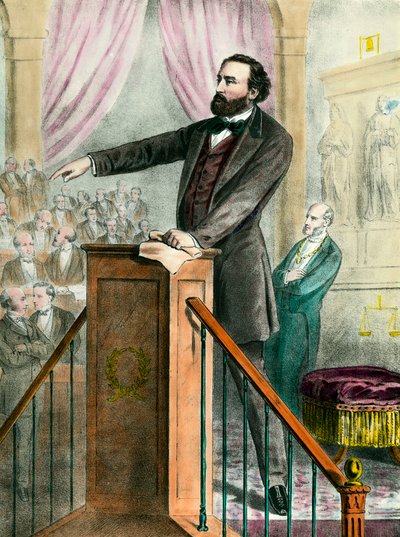 ギャラリーに飾られたレオン・ガンベッタ（1838 - 1882）の肖像。19世紀のエングレーヴィング。Coll.Go! 作： Unknown artist