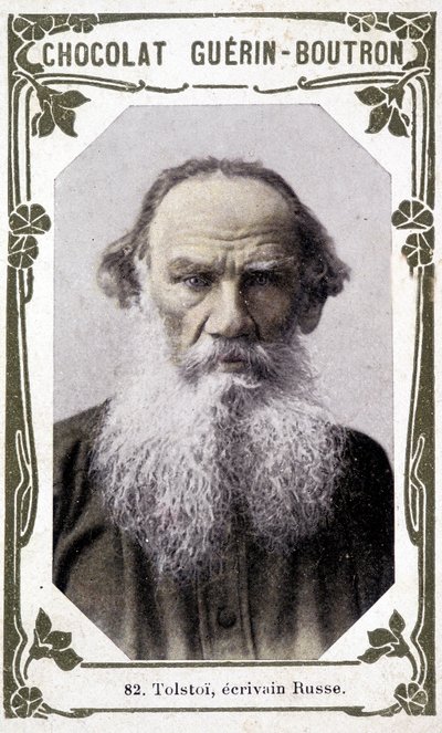 ロシアの作家（1828-1910）、トルストイ伯爵レフ・ニコラエヴィチ（レオ・トルストイ）の肖像。ヴィネット・デ・ショコラ・ゲラン-ブトロン 作： Unknown artist