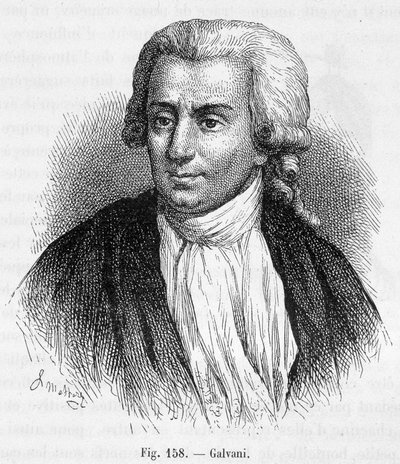 イタリアの医師・物理学者ルイジ・ガルヴァーニ（1737～1798）の肖像 - アメデ・ギユマン著「磁気と電気」より 作： Unknown artist