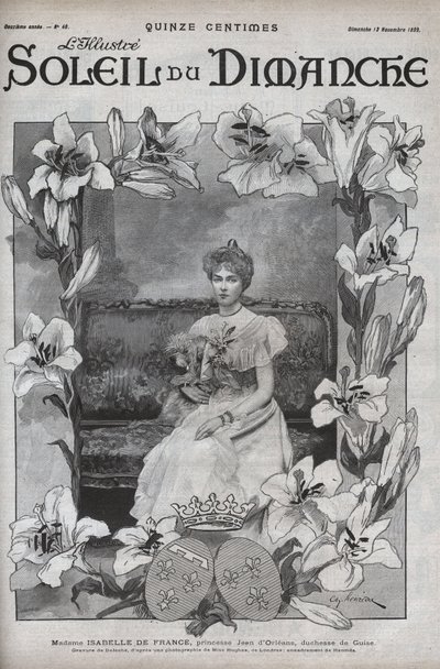 ジャン・ドルレアン王女、ギーズ公爵夫人であったフランスのマダム・イザベル（1878-1961）と愛犬の肖像。11月12日付「Le sun-du-dimanche」に掲載されたエングレーヴィング 作： Unknown artist