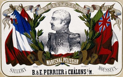 シャンパンのラベルに描かれたマレシャル・ペリシエの肖像「B.& E.Perrier à Chalôns sur Marne", sd.19世紀。 作： Unknown artist
