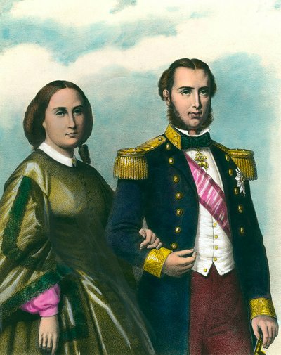 メキシコ皇帝マクシミリアン1世（1832-1867）とその妻ベルギーのシャルロット（1840-1927）の肖像。19世紀のイラスト。個人蔵 作： Unknown artist