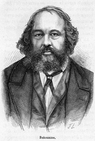 ロシアのアナキズム革命家、ミハイル・アレクサンドロヴィチ・バクーニン（1814～1876）の肖像。19世紀のエングレーヴィング。 作： Unknown artist