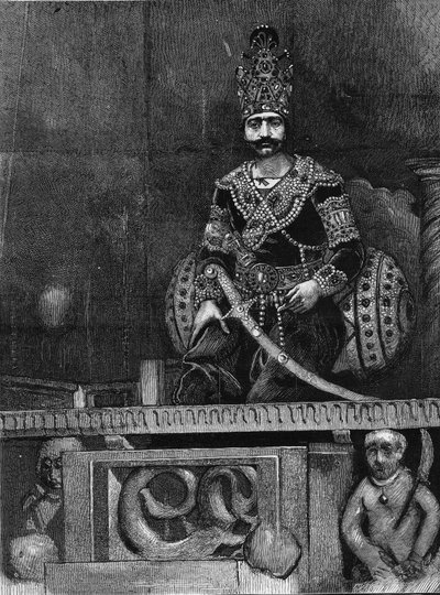 ナシル・アル・ディン（Nasser al Din）（1831-1896）ペルシャのシャーが玉座に座っている肖像。 作： Unknown artist