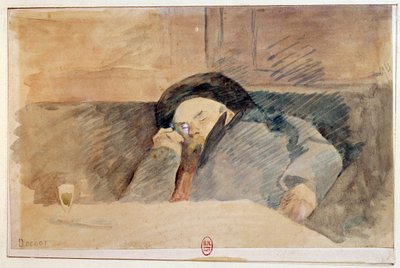 パリのカフェ「プロコペ」で眠るフランスの詩人、ポール・ヴェルレーヌ（1844-1896）の肖像。19世紀の水彩画。パリ、B.N. 作： Unknown artist