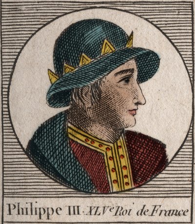 フィリップ・ル・アルディ（1245年～1285年）（カペティア家の王朝）フランスのフィリップ3世の肖像 - フィリップ3世はフランスの大胆な王と呼ばれていた - シャルル・コンスタント・ル・テリエの「フランス史に関する教本」（1821年）からのエングレーヴィング。 作： Unknown artist