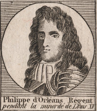 ルイ15世の時代にフランス王国の摂政を務めたフィリップ・ドルレアン（1674年～1723年）の肖像 - フィリップ・ドルレアンは1715年から1723年までフランス王国の摂政を務めた - シャルルの「フランス史に関する指南書」からのエングレービング 作： Unknown artist