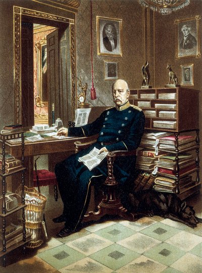 プロイセンの政治家であるオットー・フォン・ビスマルク公爵（1815-1898）の執務室での肖像。カラーリトグラフ 作： Unknown artist