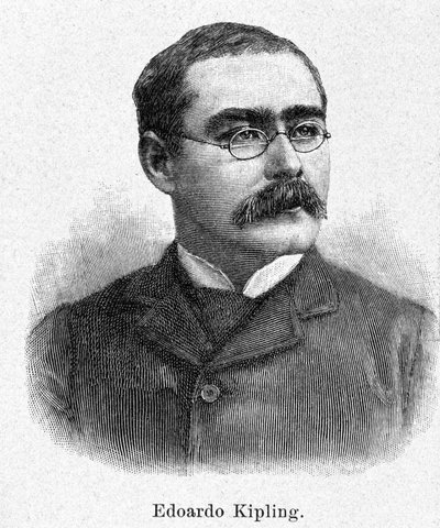 イギリスの小説家・詩人ラドヤード・キップリング（1865-1936）の肖像、19世紀の彫刻。 作： Unknown artist