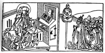 スウェーデンの聖ブリジット（1103年〜1373年）の肖像。VoragineのJacobus（James）（1228-1298）による「Leben der Heiligen - sommerteil」（聖人の書）からのエングレーヴィング。リュベック 1488年 作： Unknown artist