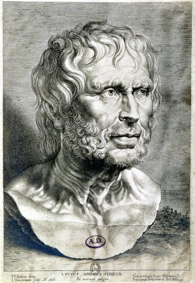 ストア派の哲学者、劇作家、ローマの政治家であるセネカ（Lucius Annaeus Seneca, 紀元前4年～紀元後65年）の肖像 - 1638年のエングレーヴィング - Coll Maciet, Library of Decorative Arts, Paris 作： Unknown artist