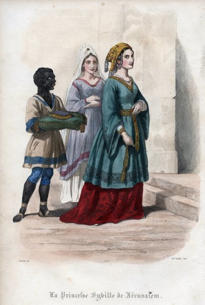 エルサレムの王女であり女王でもあったエルサレムのシビュラ（エルサレム・シビュラ）（1160年頃～1190年）の肖像。モーリス・ラシャトレの『教皇の歴史』に掲載された1842年の版画。個人蔵。 作： Unknown artist