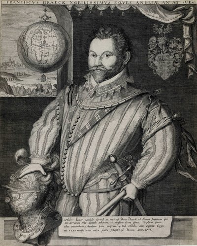 イギリスの航海士、サー・フランシス・ドレーク（1540年頃～1596年）の肖像。 作： Unknown artist