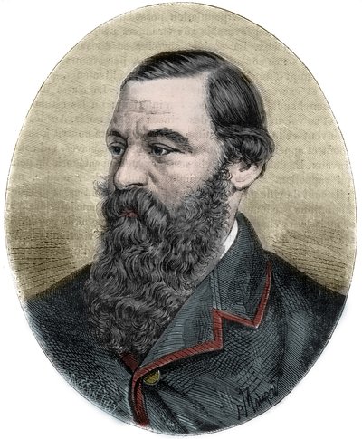 サミュエル・ベイカー卿（1821-1893）の肖像（「Picturesque Histoire des grands voyages au nineteenth century」より）。1877 作： Unknown artist