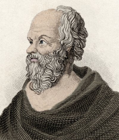 ギリシャの哲学者、ソクラテス（紀元前470～399年）の肖像。19世紀のエングレーヴィング。 作： Unknown artist