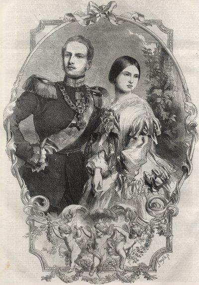 ヴィクトリア王女（1840-1901）（ヴィクトリア女王）とプロイセン皇太子フレデリック・ウィリアム（1831-1888）の両殿下の肖像。1858年のエングレーヴィング。 作： Unknown artist