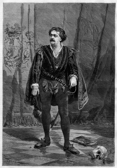 1875年、パリのVentadour劇場でウィリアム・シェイクスピアの「ハムレット」を演じる俳優エルネスト・ロッシの肖像。 作： Unknown artist