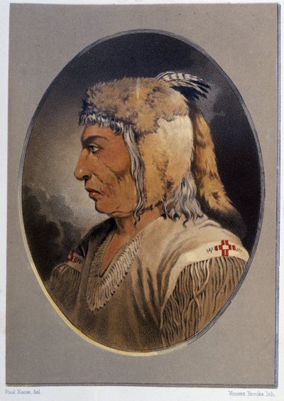 あるインディアンの肖像。Man-CE-Muckt - Paul Kane著「Wandering of an artist among the indians of North America」（Longmans & Roberts, London）に掲載。 作： Unknown artist