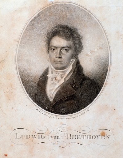 ドイツの作曲家ルートヴィヒ・ヴァン・ベートーヴェン（1770-1827）の肖像 エングレーヴィング。19世紀ボローニャ、音楽文献博物館 作： Unknown artist