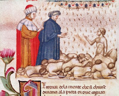 イタリアの詩人ダンテ・アリギエーリの大食いの輪の中の肖像（『神曲』地獄の歌6） - 15世紀の細密画 作： Unknown artist