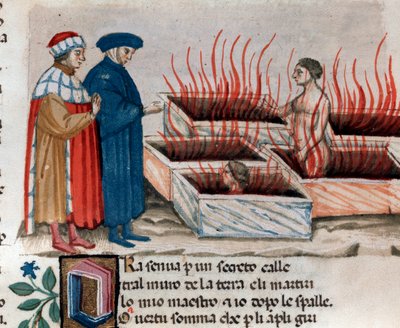 イタリアの詩人ダンテ・アリギエリと異端者の中にいるヴァージルの肖像（「神曲」の中の「地獄からの歌10」） - 15世紀のミニチュア 作： Unknown artist