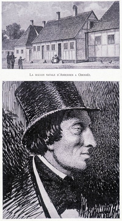 デンマークの作家ハンス・アンデルセン（1805 - 1875）とデンマークのオーデンセーにある彼の家の肖像（1832年頃）。 作： Unknown artist