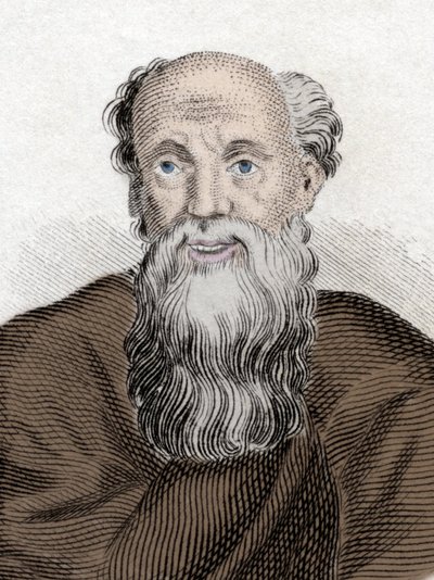 ギリシャの哲学者デモクリトス（Democritus）（460-370 Av JC）、アブデレのデモクリトの肖像。19世紀のエングレーヴィング。 作： Unknown artist