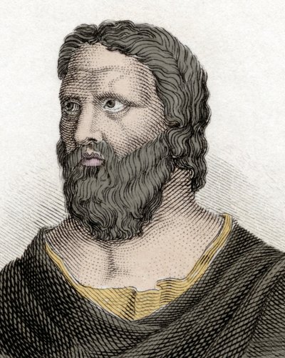 ギリシャの哲学者エフェソスのヘラクライト（紀元前576～480年）（エフェソスのヘラクレイトス）の肖像。19世紀のエングレーヴィング。 作： Unknown artist