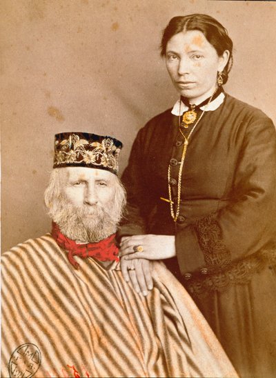 イタリアの愛国者、リソルジメントの英雄ジュゼッペ・ガリバルディ（1807-1882）と3番目の妻フランチェスカ・アルモシーノの肖像 作： Unknown artist