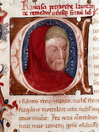 イタリアの詩人フランチェスコ・ペトラルカ（ペトラルカ）（1304-1374）の肖像詳細。ペトラルカの手稿「Les remedes aux deux fortunes（De remediis Utriusque Fortunae）」から抜粋したページ。1360-1366年 ヴェネツィア、ビブリオテカ・マルチャーナ 作： Unknown artist