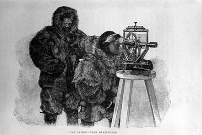 科学者であり外交官でもあったノルウェーの探検家、Fridtjof Nansen（1861-1930）とセオドライト使用の協力者の一人の肖像。 作： Unknown artist